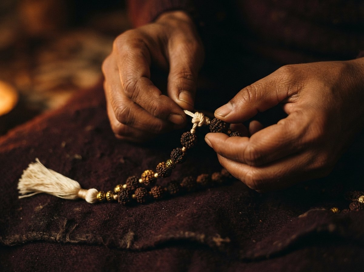A mala being knotted by hand